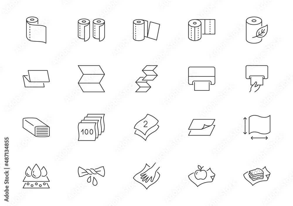 Paper towel line icons. Vector outline illustration with icon - roller package, dispenser, multifold, plastic free, adsorbing water, multifold. Pictogram for kitchen disposable wipe. Editable Stroke Paper towel line icons. Vector outline illustration with icon - roller package, dispenser, multifold, plastic free, adsorbing water, multifold. Pictogram for kitchen disposable wipe. Editable Stroke