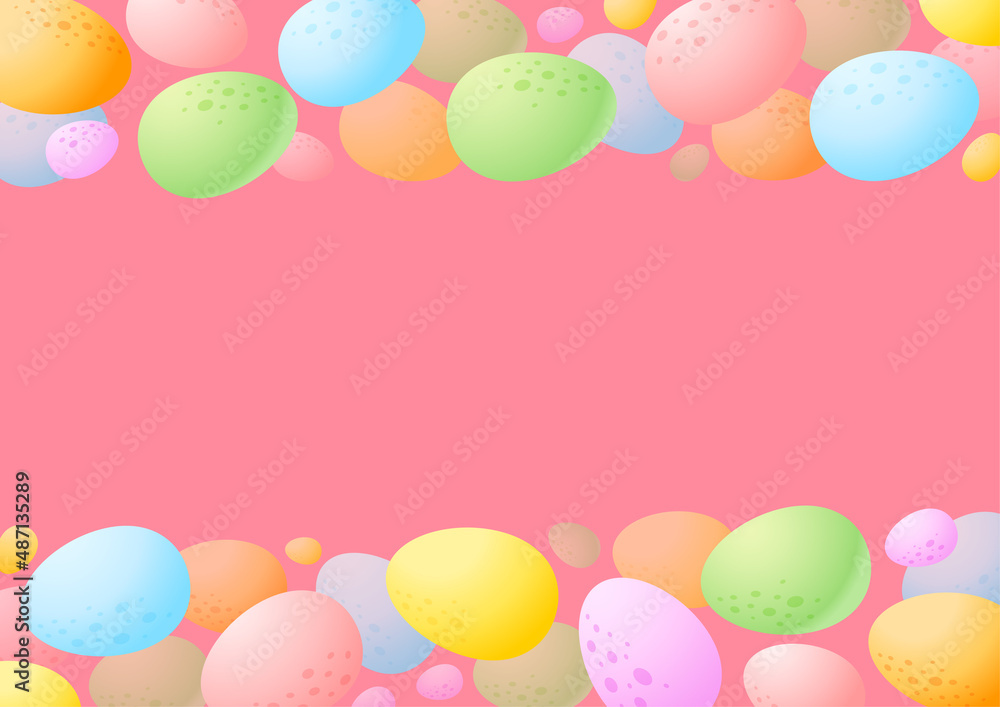 Easter background of eggs. Cartoon frame of colorful chocolate eggs on pink background. Vector 10 EPS.