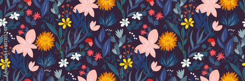 Bright summer flowers, leaves, herbs on a dark blue background. Abstract seamless floral pattern. Forest plants collection in a hand-drawn style. Vector illustration for fabrics, wallpapers, prints