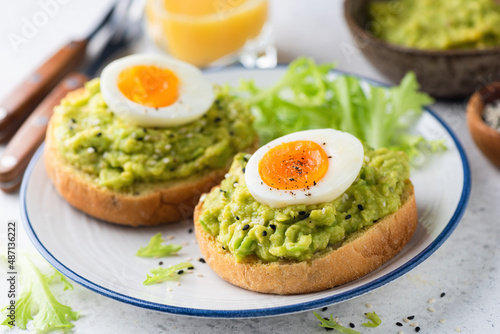 Toast with fried egg and avocado sauce on a plate, healthy breakfast meal concept