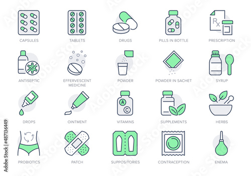 Pharmacy line icons. Vector illustration include icon - rx, effervescent pill, blister, sachet, bandage, capsule bottle outline pictogram for drug medication. Green Color, Editable Stroke