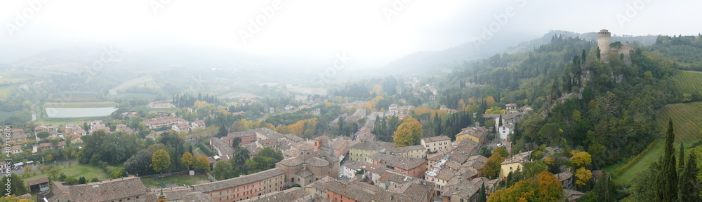 panorama from the clock tower in Brisighella on the green countryside around the hill that dominates the village