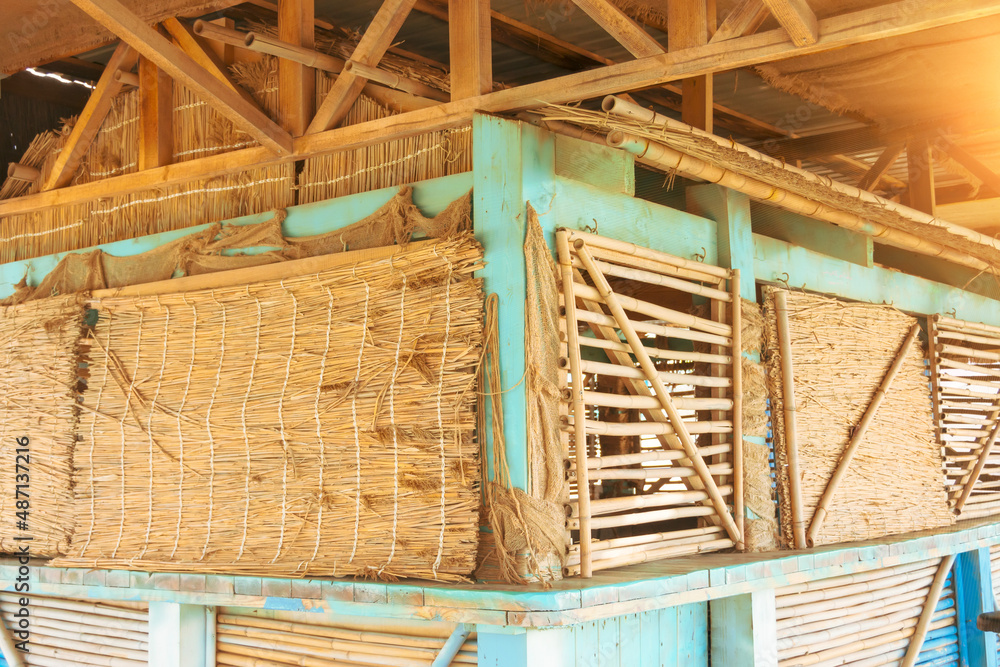 Bar shop built from bamboo trunks and palm leaves, eco-dried material. Bar shop built from bamboo trunks and palm leaves, eco-dried material.