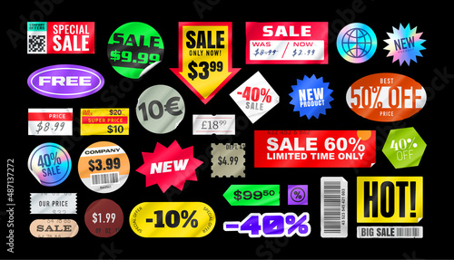 Sticker pack. Price stickers. Peeled Paper Stickers. Price Tag. Isolated on black background photo