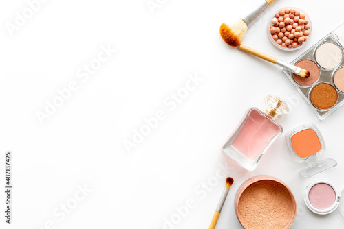Makeup cosmetic set on white background. Beauty flat lay