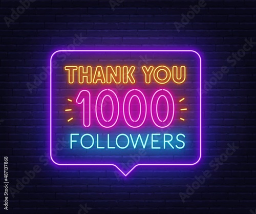 Thank You Followers neon sign in the speech bubble on brick wall background.