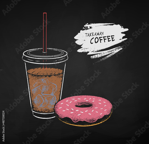 Chalk illustration of takeaway Coffee cup and donut