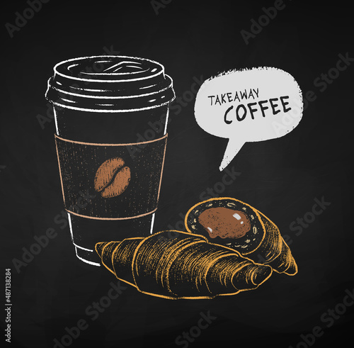 Chalk drawn illustration of takeaway Coffee cup and croissant