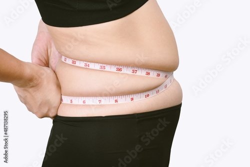 Fat woman measuring her belly fat, Overweight woman check out her obesity, Woman muffin top waistline.
