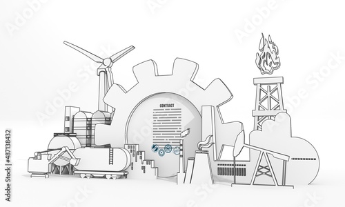 Energy and power industrial concept. Industrial icons and gear with approved document with stamps. 3D Render