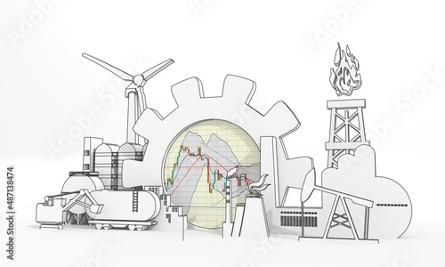 Energy and power industrial concept. Industrial icons and gear with trading chart . 3D Render