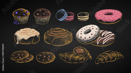 Chalk set of sweet food bakery and desserts