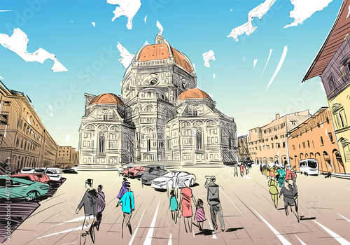Santa Maria del Fiore Florence. Italy. Hand drawn city sketch. Vector illustration.