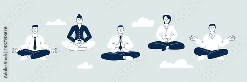 Meditation yoga group. Business characters meditate and relax. Team thinking, clean mind and create ideas. Office wellbeing, zen group recent vector concept