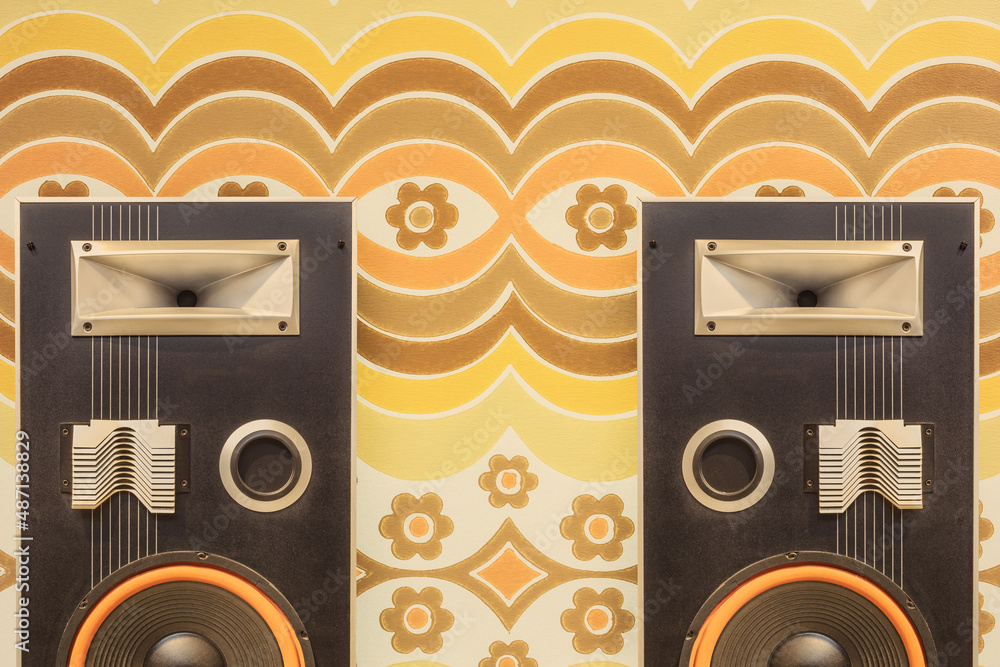 Two vintage stereo speakers in front of retro seventies flower wallpaper - obrazy, fototapety, plakaty 