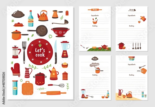 Recipe cards. Cookbook pages, cute cook recipes notes. Kitchen decorative stickers templates, food ingredients blank journal list classy vector set