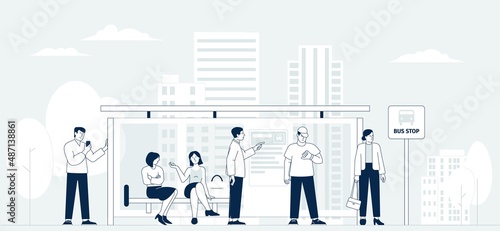 People on bus stop. Wait bus characters, waiting public transport. Transit station, urban transportation. Commuter passengers, recent vector scene
