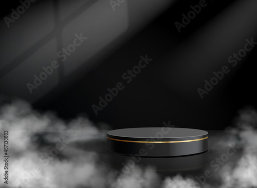 Black podium with gold line on a dark background. Empty cylindrical stage for product demonstration with smoke or fog, platform vector mockup