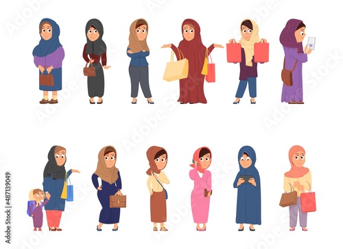 Arab woman characters. Muslim women, saudi girls with shopping bags. Arabic female business characters. Isolated people in hijab, decent vector set