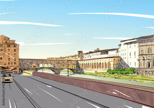 Ponte Vecchio Florence. Italy. Hand drawn city sketch. Vector illustration.