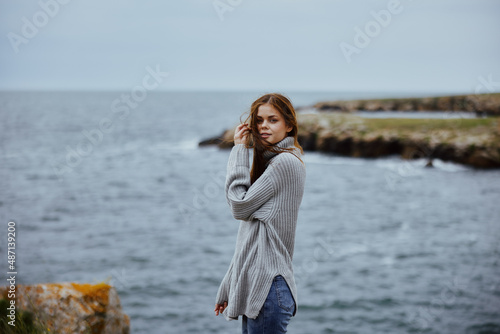 pretty woman nature rocks coast landscape Ocean female relaxing