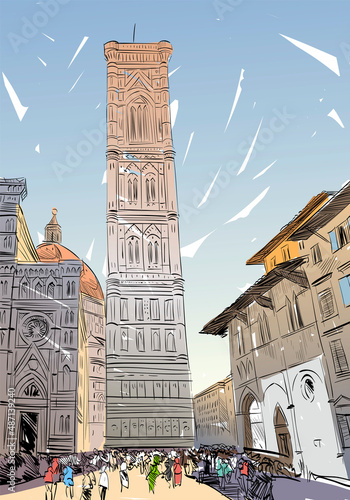 Giotto's bell tower in Florence. Italy.  Hand drawn city sketch. Vector illustration.