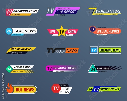 News bars. Tv banner, headers for videos. Strip graphic for text for videos, stream, channel. Headline bar, sport competition stripe, exact vector set