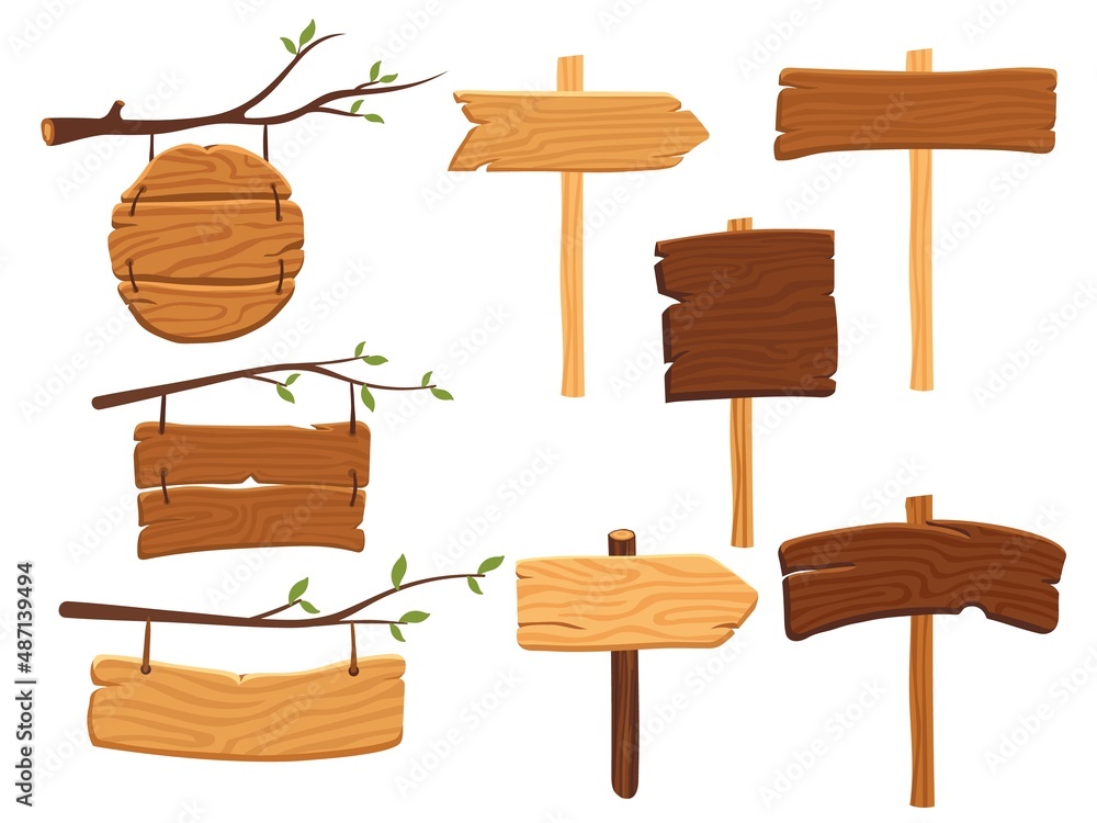 Naklejka premium Cartoon wooden pointers. Desert boarding, wood desk for information. Billboards rural style, village street directions boards, neat vector set