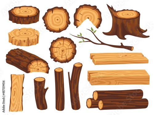 Cartoon wood logs. Wooden log, timber and trunks. Building industries, natural eco materials. Isolated pile of lumber, cutting tree neat vector elements