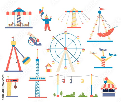 Park attractions. Carnival theme attraction, ride swing. Amusement icons, roller coaster and ferris wheel. Festival carousel, entertainment recent vector set