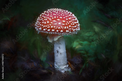 Digital painting of fantasy glowing mushrooms in an enchanted forest.