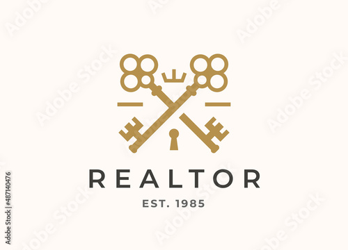 Elegant realtor crossed keys logo. Luxury property real estate agency key line icon. Vintage royal brand identity realty symbol. Vector illustration.