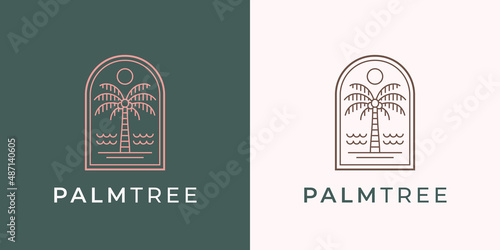Palm tree logo. Luxury beach resort symbol. Coconut tree line icon. Tropical exotic paradise brand identity. Summer seascape vacation travel sign. Vector illustration.