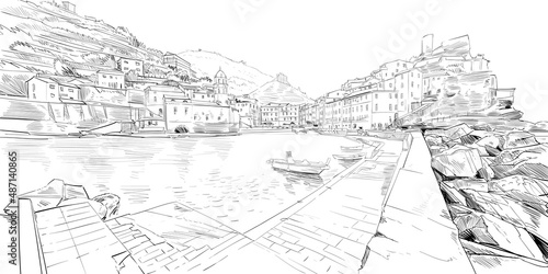 Vernazza. Italy. Urban sketch. Mediterranean city. Hand drawn vector illustration