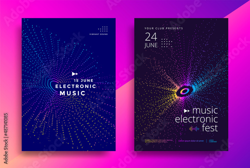 Music Electronic fest poster design. Sound flyer with abstract geometric shape. Color dynamic circle of dots. Vector 