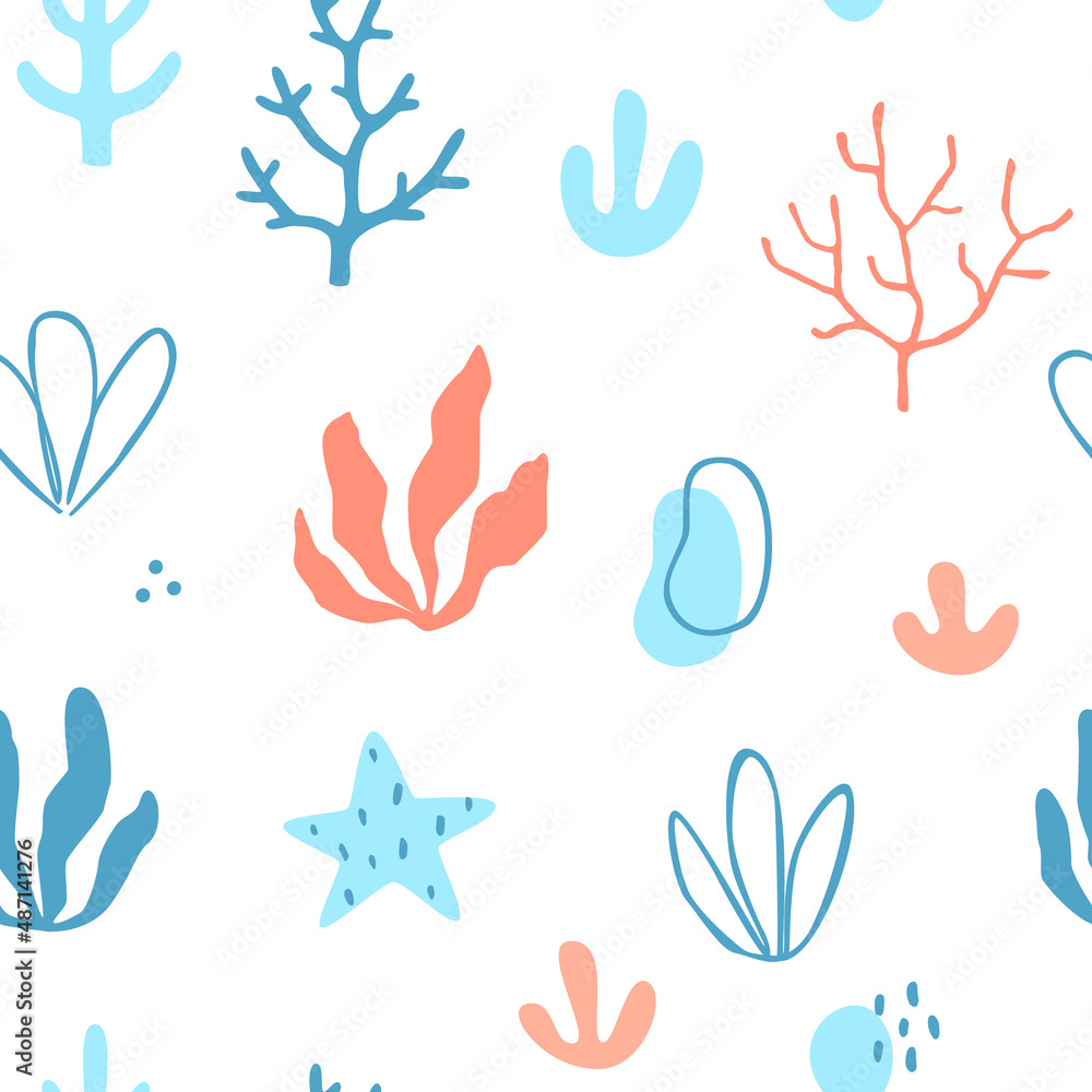 Underwater sea plant pattern with coral and seaweed. Seabed seamless vector print.