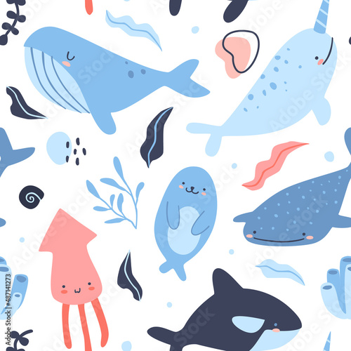 Cute underwater animals organic pattern. Sea life vector seamless blue and pink print for textile.
