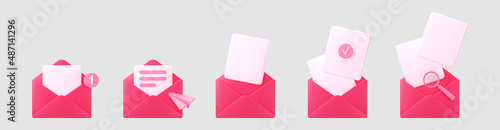 3d pink open mail envelope icon set with marker new message isolated on grey background. Render pink email notification with letters, check mark, paper plane and magnifying glass. 3d realistic vector.