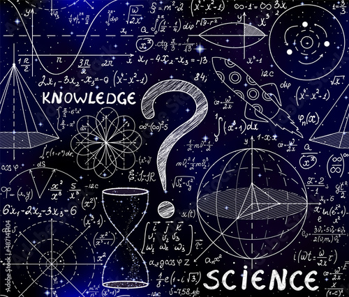 Scientific vector seamless with question marks and math figures, equations, formulas and the words "Science" and "Knowledge"