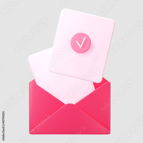 3d pink open mail envelope icon with check mark isolated on grey background. Render giving love email for Mother and Valentines Day greeting. 3d realistic vector