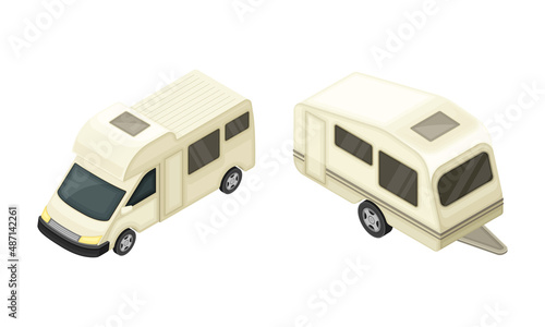 Camper Van or Travel Trailer as Home During Journey or Vacation Isometric Vector Illustration Set