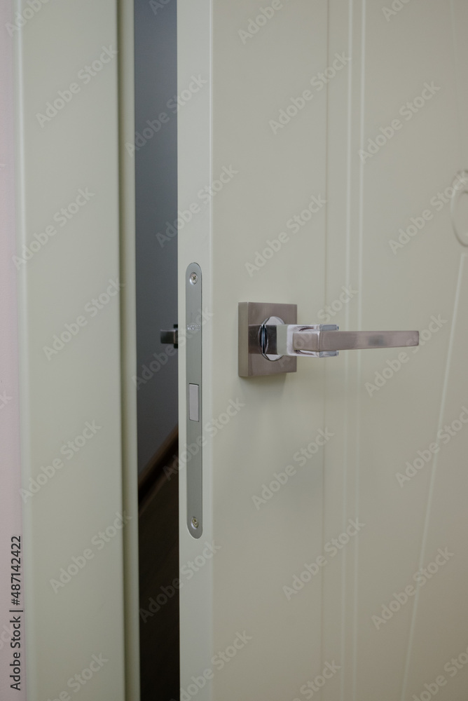 Modern wooden white door with metal door handle