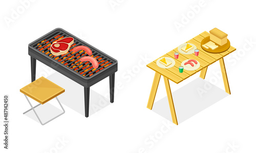 Barbecue Grill with Beef Steak and Table with Served Food as Picnic Isometric Vector Illustration Set