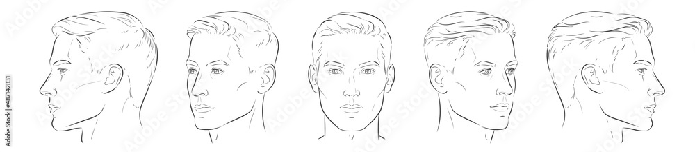 vector Set of man face portrait three different angles and turns of a male head. Close-up line sketch. Different view front, profile, three-quarter of a boy. vector Set of man face portrait three different angles and turns of a male head. Close-up line sketch. Different view front, profile, three-quarter of a boy.