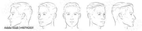 Print op canvas vector Set of man face portrait three different angles and turns of a male head