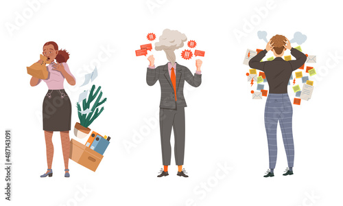 Male and Female Stressed out Office Employee Feeling Deadline Vector Illustration Set