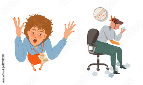 Male and Female with Paper Document as Stressed out Office Employee Feeling Deadline Vector Illustration Set