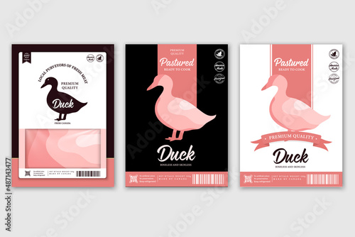 Vector butchery labels with farm animal silhouettes. Duck meat for groceries