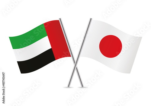 The United Arab Emirates and Japan crossed flags. UAE and Japanese flags, isolated on white background. Vector icon set. Vector illustration.