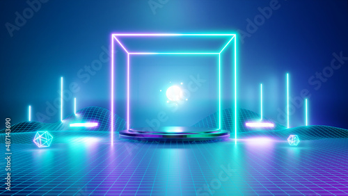 Podium show products, Empty stage. place for product. Colored neon lights. Place to present a product. Retro style. Sci Fi style. 3d Rendering image.